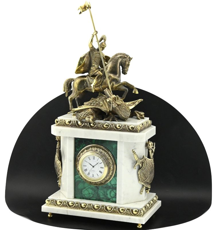 Часы каминные из малахита и мрамора ГЕОРГИЙ ПОБЕДОНОСЕЦ AZRK-3200-531ct