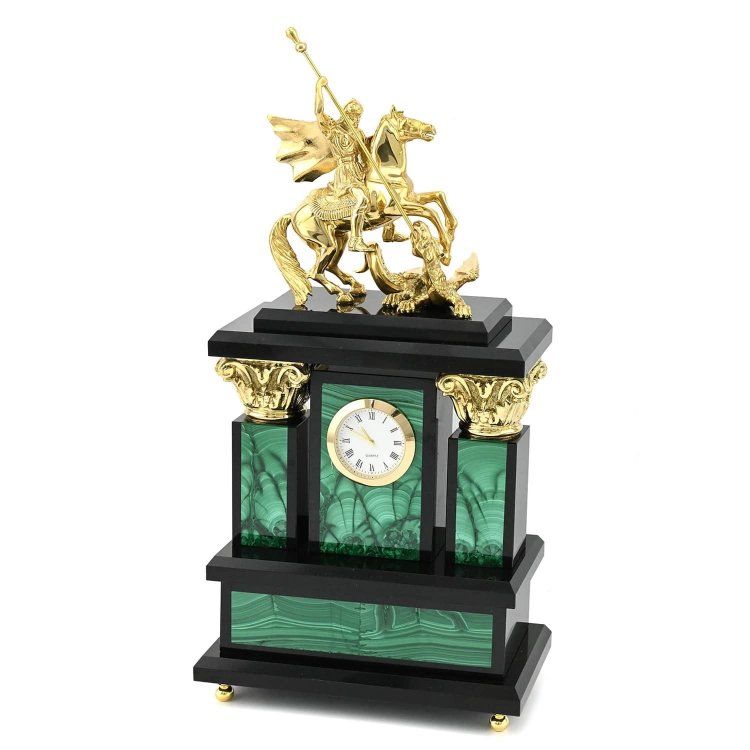 Часы каминные из малахита ГЕОРГИЙ ПОБЕДОНОСЕЦ AZRK-3200-528ct