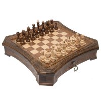 Шахматы резные восьмиугольные в ларце с ящиками GDkh164