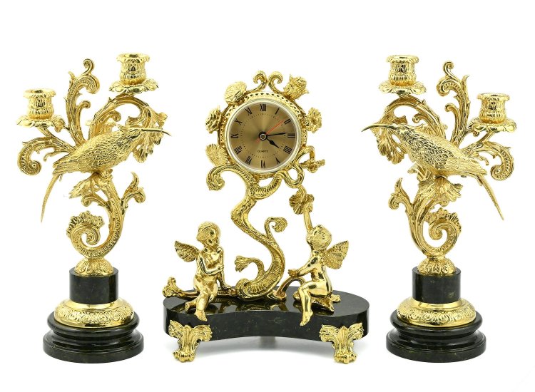 Часы каминные с канделябрами из змеевика КОЛИБРИ 037.rk7557/2